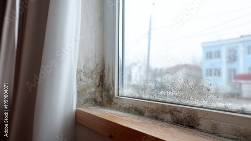Mold growth at the corner of a window in a residential room indicates moisture issues and potential damage in the home
