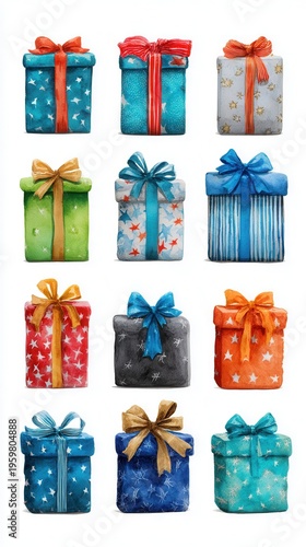 Colorful gift boxes with bows in various patterns