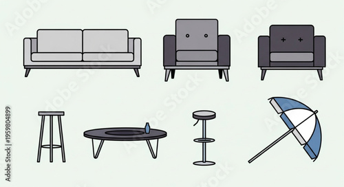 Furniture Set - Sofa, Chairs, Stools, Table, and Umbrella Illustration.