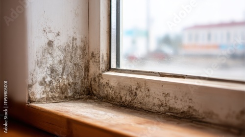 Mold growth at the corner of a window in a residential room indicates moisture issues and potential damage in the home
