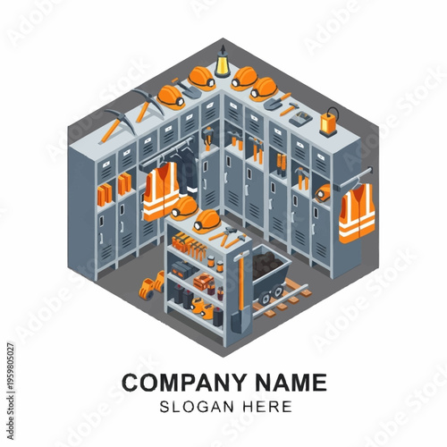 Isometric view of a mining locker room filled with safety equipment, tools, and a coal cart.