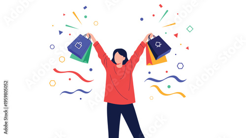 Happy woman celebrating her purchases while holding colorful shopping bags with festive confetti flying in the air around her.