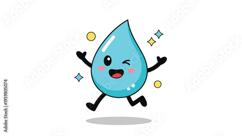 Adorable cartoon water drop character with a winking face running happily while surrounded by tiny stars and colorful circles.