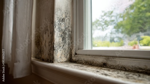 Mold growth at the corner of a window in a residential room indicates moisture issues and potential damage in the home
