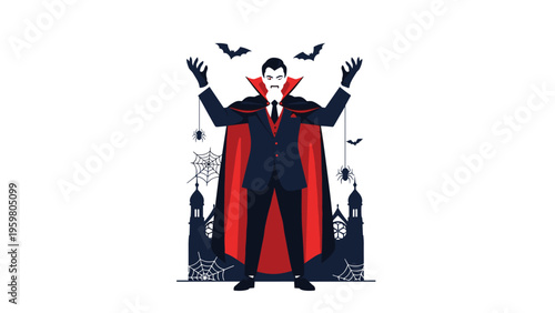 Classic vampire character in a formal suit and red cape standing with arms raised before a gothic castle with bats and spiders.