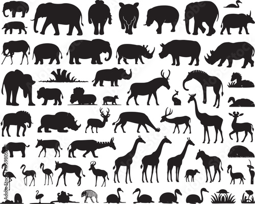 Collection of various African animal silhouettes on white background