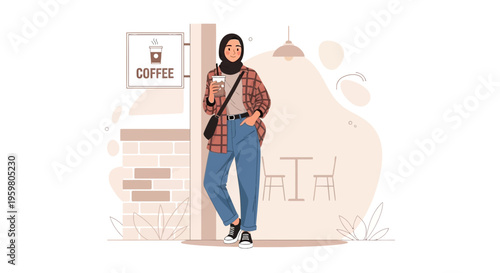 Young Muslim Woman in Hijab Holding Coffee Cup Outside Cafe