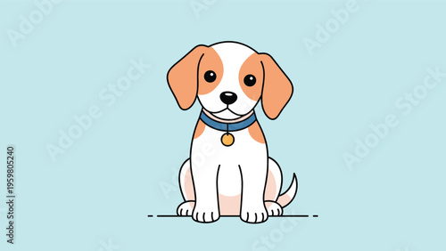 Adorable cartoon puppy with tan ears and a blue collar sitting patiently and looking forward in a simple flat illustration style.