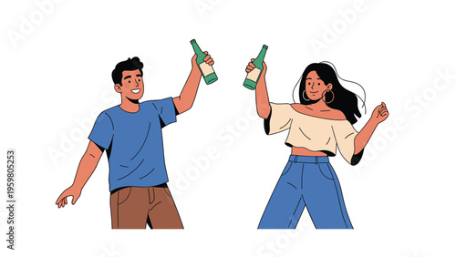 Happy young man and woman dancing together while holding green beer bottles in a fun and festive flat illustration style.
