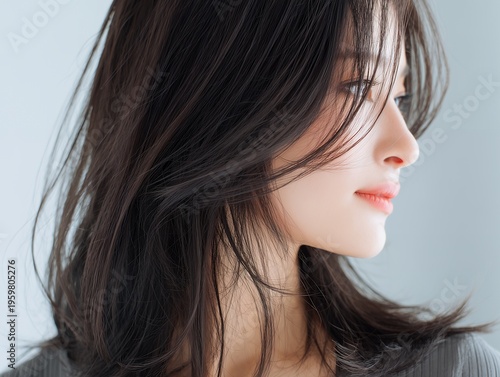 美しい横顔を見せる長い黒髪が印象的な女性のヘアスタイルと艶やかな肌のポートレート写真