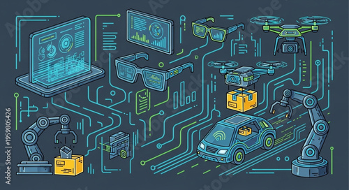 Futuristic Automated Delivery System with Drones and Robotic Arms.