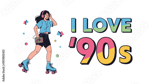 Nostalgic illustration of a young woman roller skating while listening to a walkman with the retro text i love 90s in the background.