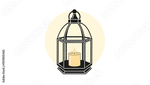 Black metal lantern with glass panels containing a glowing lit candle inside a soft yellow circular background on a white surface.