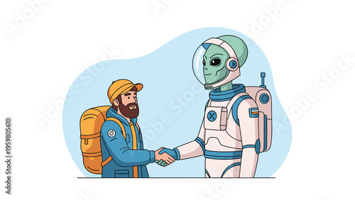 Human hiker with a backpack shaking hands with a green alien astronaut in a space suit symbolizing a first contact or friendship.