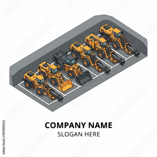 Isometric illustration of a fleet of yellow construction wheel loaders parked neatly in a covered lot, ready for industrial use.