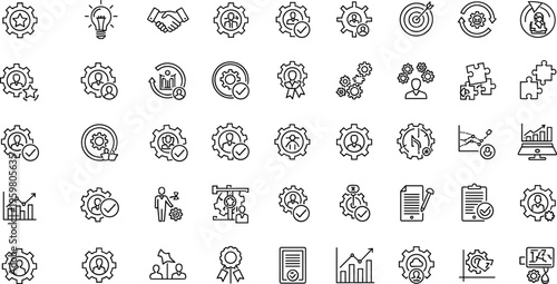 Process management line icons set automation workflow quality control outline collection