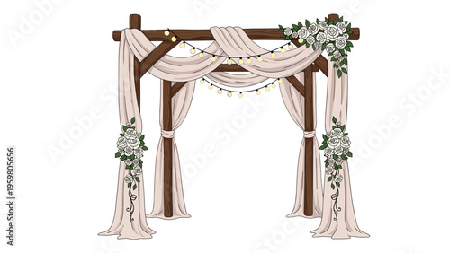Rustic wooden wedding arch or gazebo decorated with white roses, greenery, draped fabric, and string lights on a plain white background.