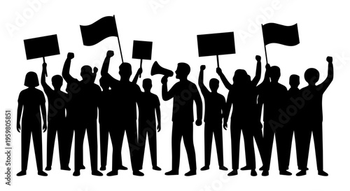 Protest Crowd Silhouette Vector – Demonstration People with Signs and Megaphone