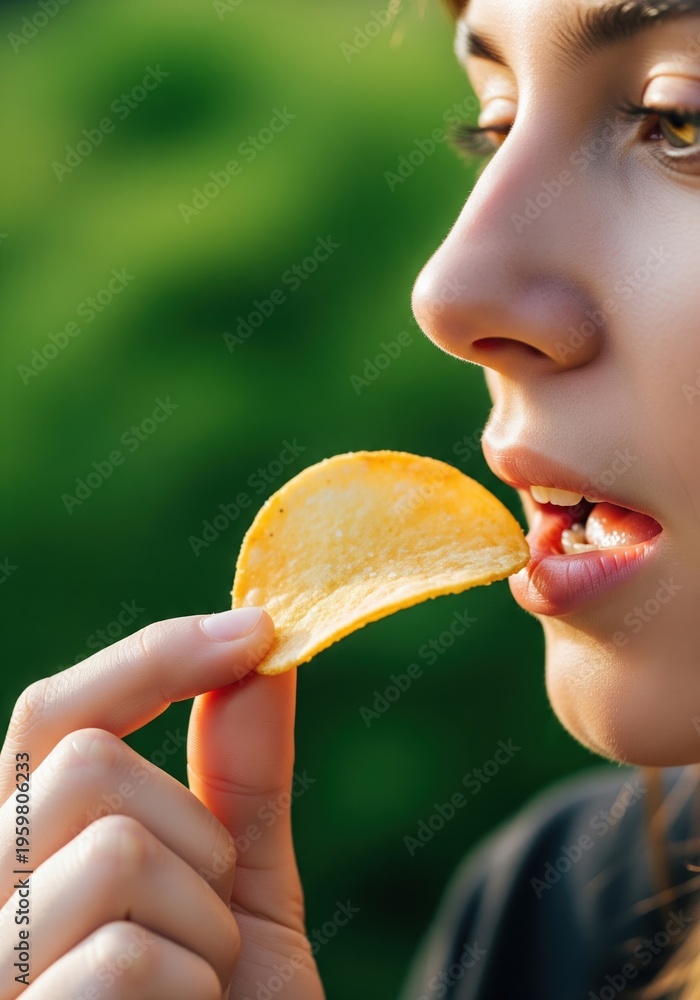 Naklejka premium Close Up Of Young Woman Eating Ruffled Potato Chip In Park During Sunny Summer Day