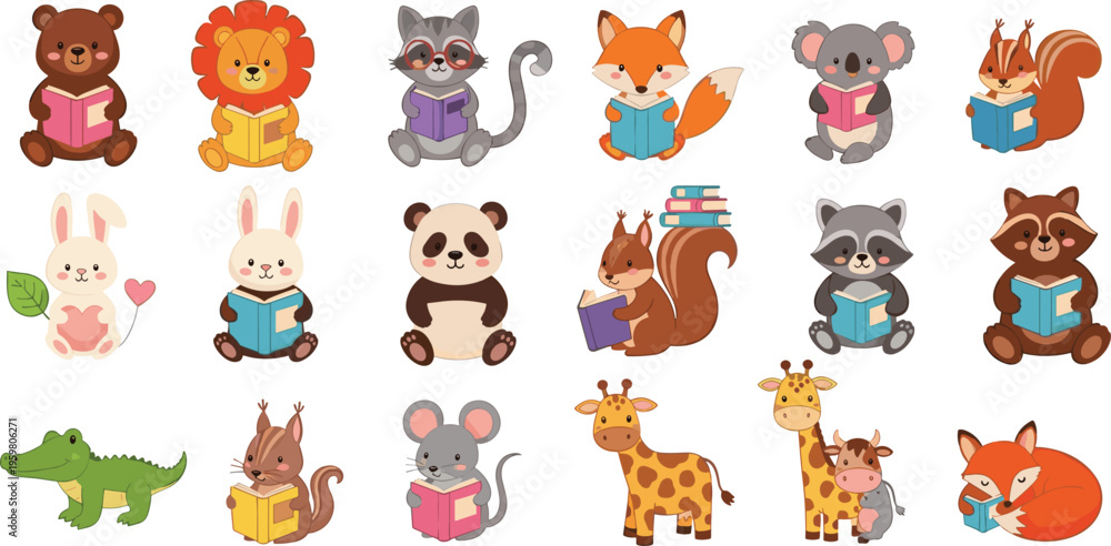 Fototapeta premium Adorable Vector Sticker Set Featuring Cute Animals Like Panda Koala Lion And Bear Reading Books For Kids Education Literacy And Nursery Classroom Graphic Design