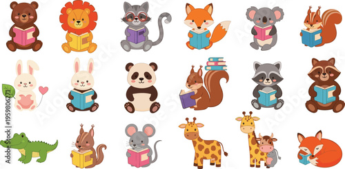 Adorable Vector Sticker Set Featuring Cute Animals Like Panda Koala Lion And Bear Reading Books For Kids Education Literacy And Nursery Classroom Graphic Design