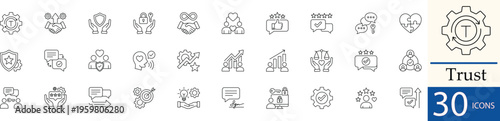 Flat line vector trust icon set showing reliability, security, and partnership concepts in clean minimal style. Perfect for business, relationship, and security design use.