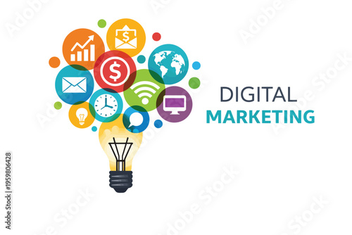A creative business technology illustration featuring a glowing lightbulb symbol as an innovation icon for social network marketing and web design success solutions
