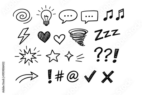 A comprehensive set of hand drawn black icons and vector symbols for business, medical, and media web design featuring music and heart signs for internet button illustrations