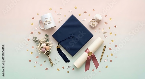 Flat Lay Graduation Scene with Cap, Diploma and Confetti on Pastel Background