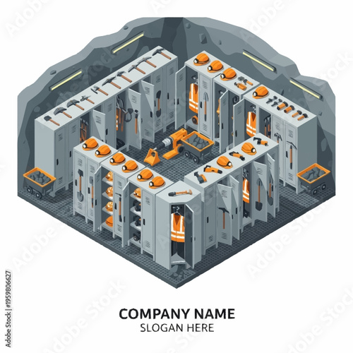 Isometric view of a mining locker room with safety equipment, tools, and personal storage lockers.