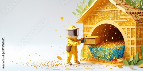 Honeycomb structure, bee figure carrying box. Golden hues dominate scene, suggesting sweetness, industry. Minimalist design, bright colors.