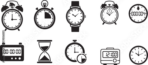 Watch And Timer Vector illustration timer icon set. Alarm clock symbol. Watch countdown vector illustration. Stopwatch sign Hours, minutes and seconds concept.