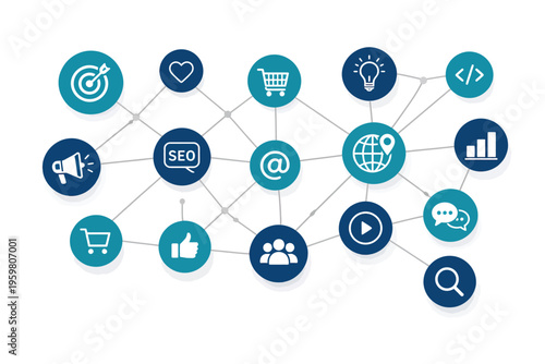 Flat vector set of business web buttons with numbers and social media icons for mobile network communication and data technology design