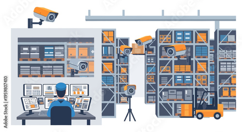 Warehouse Security System with CCTV Surveillance and Control Room Monitoring. Logistics, Inventory Management, and Asset Protection in Modern Facilities.
