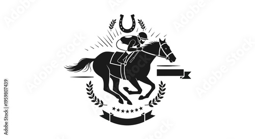 Black horse racing with jockey fast.