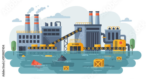 Industrial Factory Water Pollution - Environmental Impact Flat Design Vector