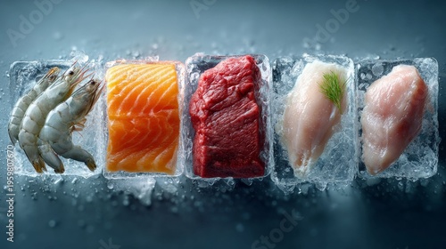Frozen Food Display: A captivating display showcasing fresh, frozen food items like shrimps, salmon, beef, and chicken, artfully presented within ice blocks.