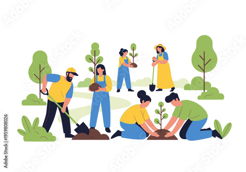 Group of people planting trees outdoors using shovels and carrying saplings