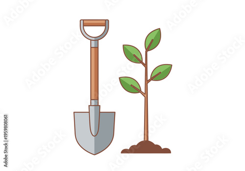 Stylized illustration of a shovel next to a small plant with leaves in dirt