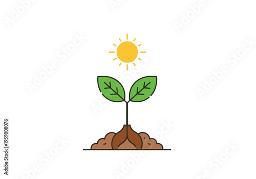 Stylized illustration of a sprouting plant receiving sunlight above brown soil