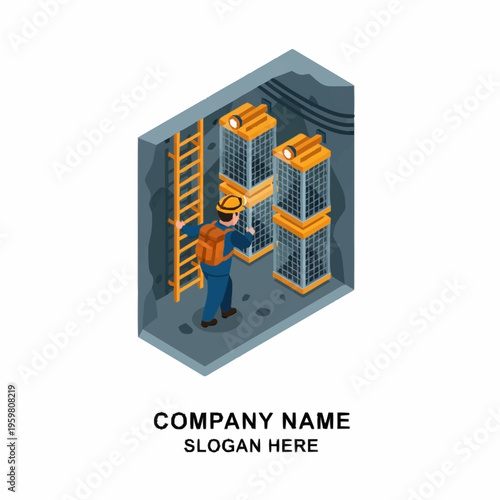 Miner in hard hat with backpack climbing ladder in underground mine shaft with cages and equipment.