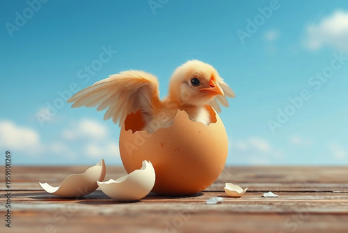 Obraz na płótnie Chick sits on a broken egg