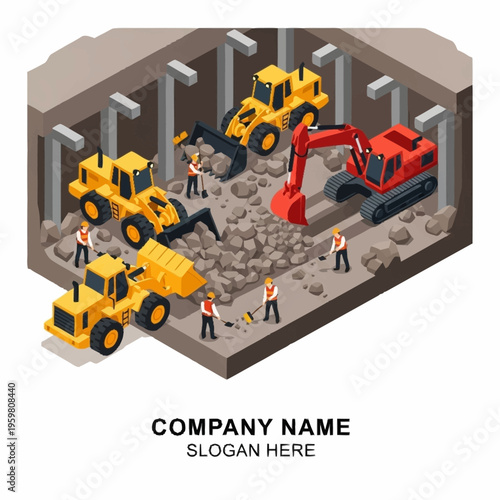 Construction site with excavators, loaders, and workers digging and moving rubble in an isometric view.