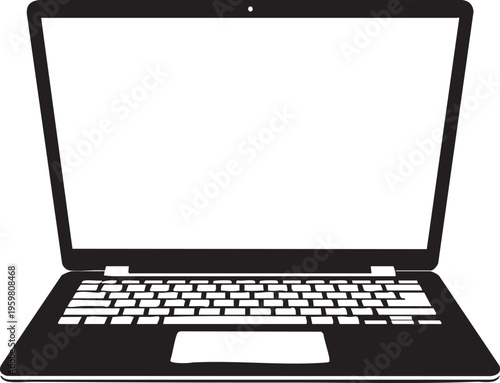 An illustration depicts a black laptop with a white screen and keyboard on a plain background.