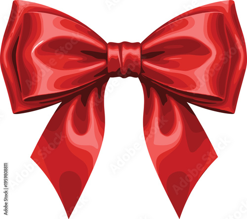 Red decorative bow ribbon with glossy folds festive gift decoration elegant design isolated illustration