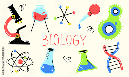 Science and biology laboratory vector set, education research graphic resource