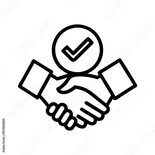Handshake agreement icon for business partnership success and deal completion with checkmark approval symbol