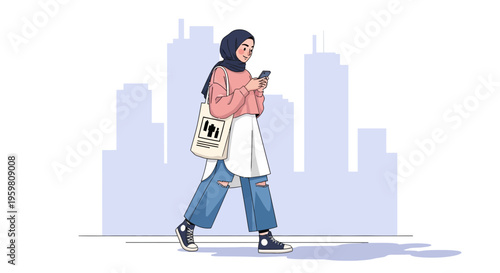 Young Muslim Woman Walking with Phone and Tote Bag in City Silhouette