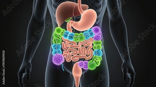 Illustration of human digestive system highlighting stomach, intestines, and gut microbiota with colorful bacteria inside the abdomen.