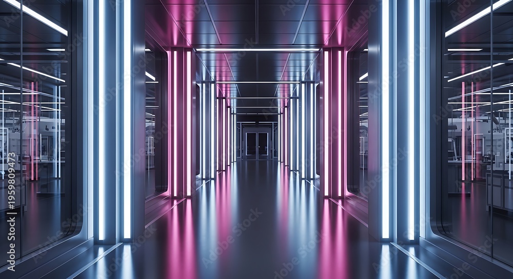 Fototapeta premium Futuristic Neon Lit Corridor with Reflective Surfaces and Vibrant Blue and Pink Lights.